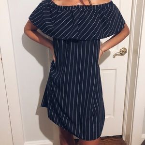 Off the shoulder navy striped dress